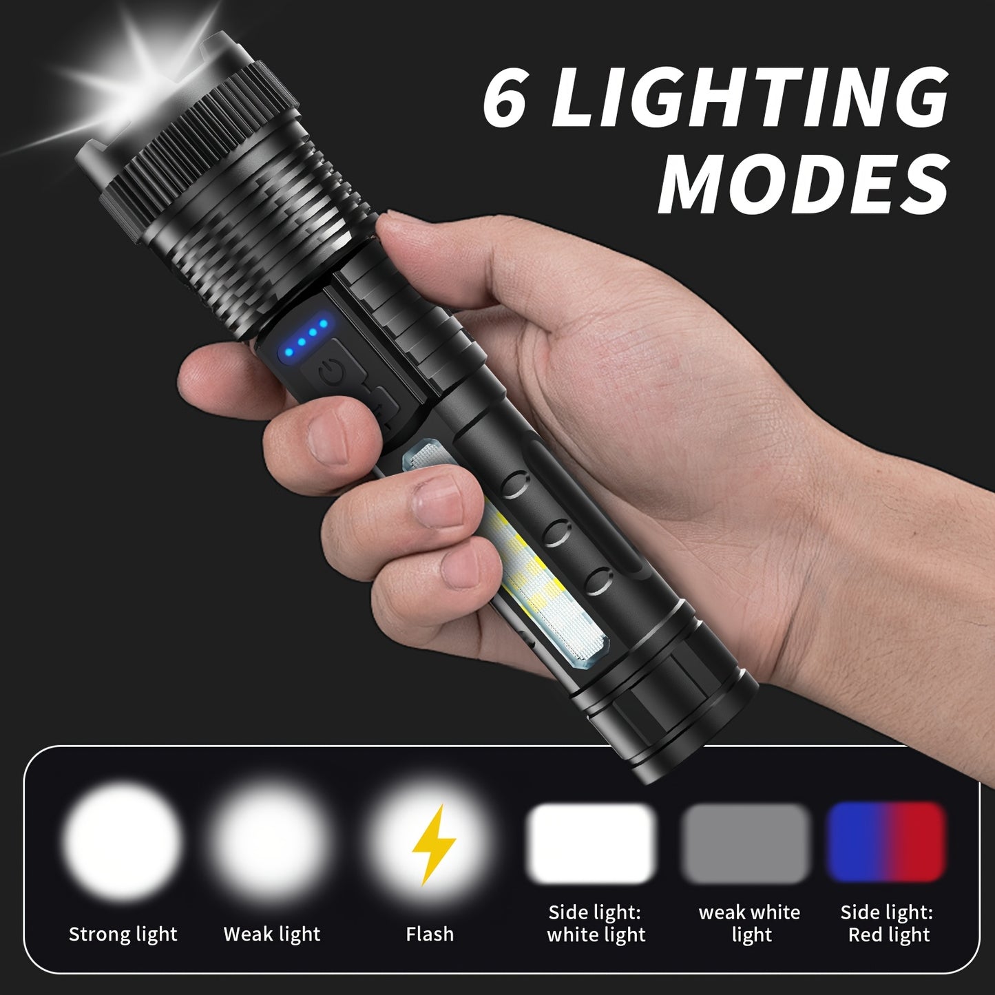 2pcs Flashlights High Lumens Rechargeable LED with USB-C, 6 Light Modes, Zoomable & USB-C Cable Included, USB-Powered Handheld Torch for Camping, Emergency, Outdoor - Buy 1 Get 1 Free (Cob Side Light, Flash, Survival Gadgets,