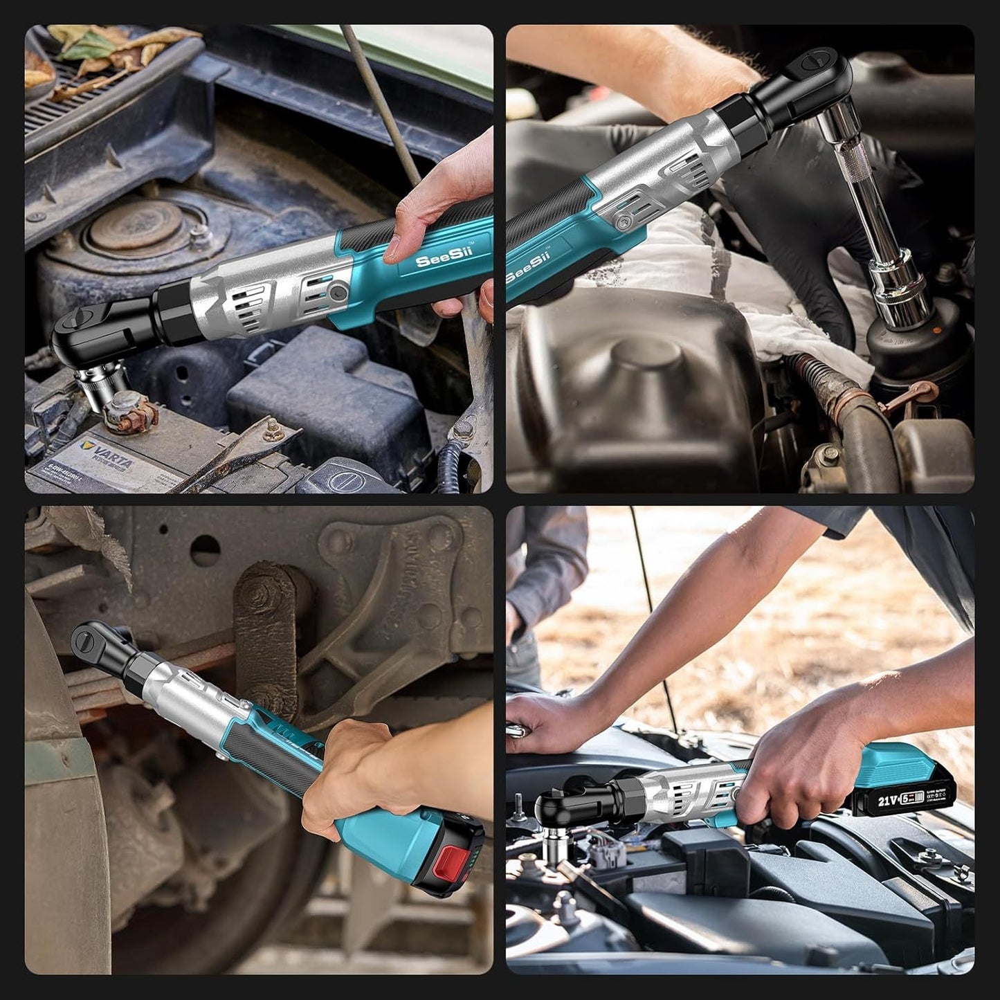 Seesii Cordless Ratchet 3/ 8", 90N.m 200RPM, 200RPM Power Ratchet Wrench 90N.m, 2 x 2.0A Batteries & Charger, Variable Speed Trigger, 8 Sockets, 1/ 4" & 1/ 2" Adapter, 3" Extension Bar