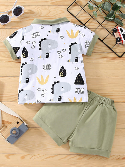 Boys' Summer Collared Animal Print Short Sleeve Shorts Set, Perfect for Outdoor