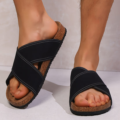 PINPOCHYAW Men's Slip-On Moccasin - X- Strap Brown/Black Casual Slippers with Faux Upper, Sole & Cushioned Insole - Lightweight Beige & Dark Brown for Beach, Pool, Summer Walking