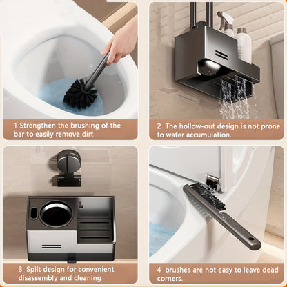 Vacuum Suction Cup Toilet Brush Wall-Mounted Set, 1 Style with 2 Options, Splashproof Base and Angled Head for Hard-to-Reach Areas - No Drilling Required Bathroom Storage Solution Universal Fit on Tiles & Glass
