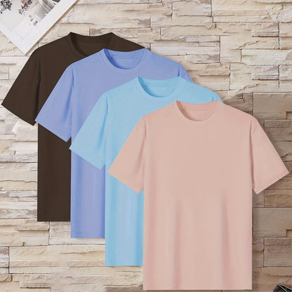 Conjunto de 4 t-shirts casuais para homem de cor sólida, estilo simples, manga curta e gola redonda, ideais para usar em casa, como pijama ou para atividades ao ar livre no verão.