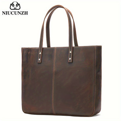 NIUCUNZH Men's Vintage Genuine Leather Tote Bag, Top Layer Cowhide, Large Capacity Shoulder Bag for Going Out, Briefcase Style Handbag, Maintenance Free
