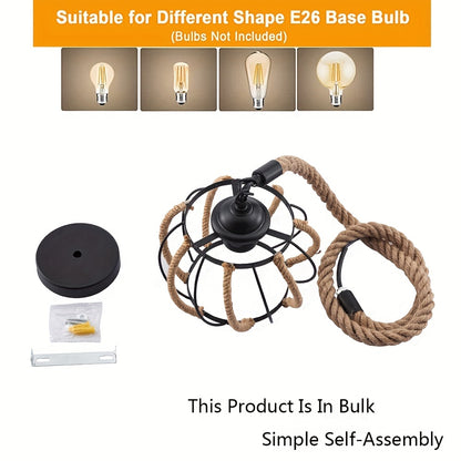 1pc Hemp Rope Chandelier, Industrial Black Metal Cage Shade Hemp Rope Hanging Lamp, Adjustable E26 Chandelier Lighting Kit For Cafe Kitchen Living Room Warehouse Bar (Not Include Bulb)