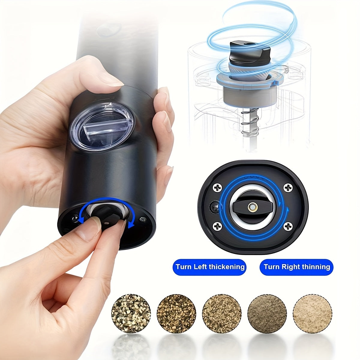 2pcs Electric Salt and Pepper Grinder Set with Adjustable Coarseness/Fineness, One-Touch Operation, (/Battery), Compact Base & Portable with ABS Housing & Black/White Design, Ideal Gift