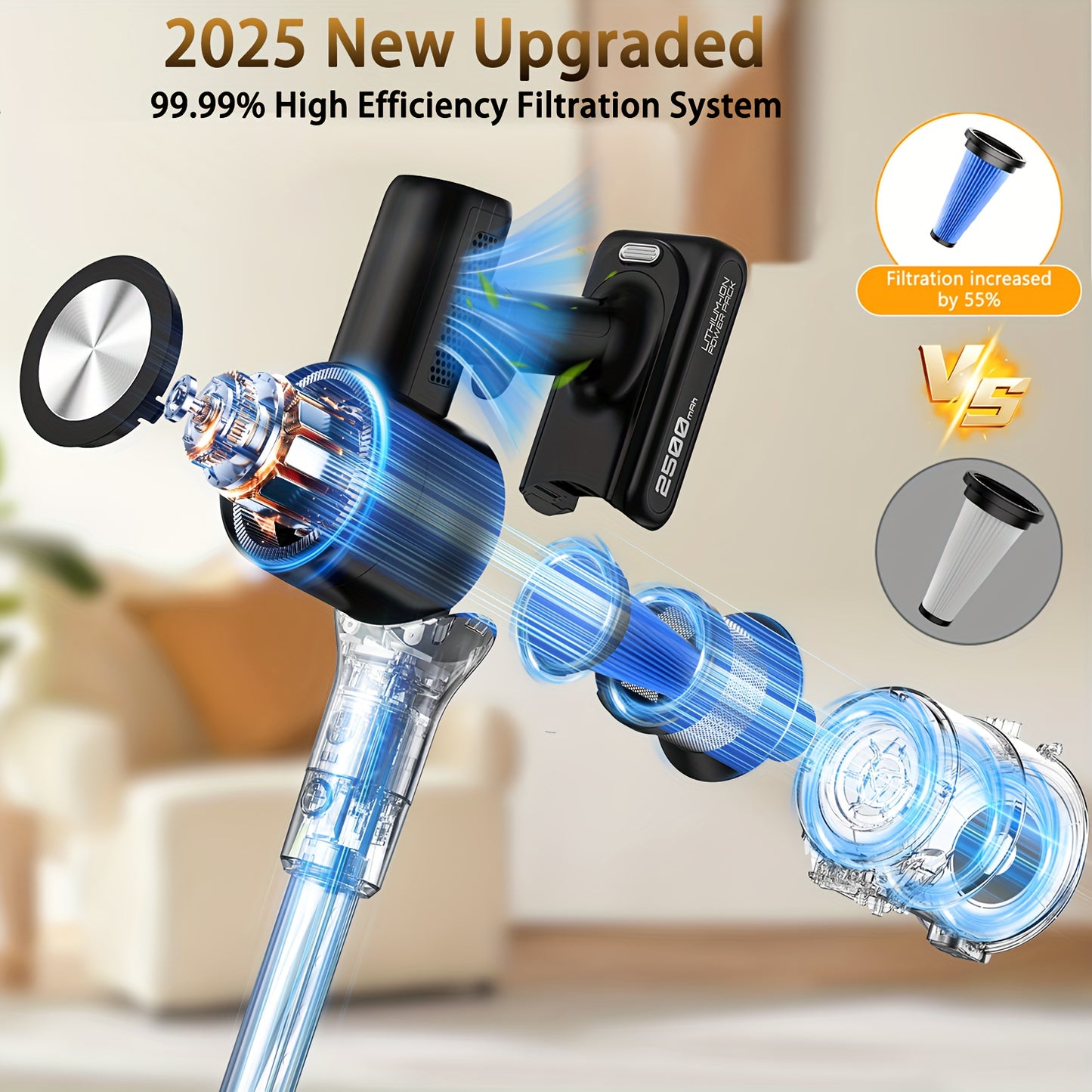 Cordless Vacuum Cleaner, 45KPA Self-Standing Vacuum Cleaner for Home, Stick Vacuum with 60 Mins Runtime, Wall Mount Charging, LED Display, Upgraded Green Light & Anti-Tangle Floor Brush for Pet Hair, Carpet & Hard Floors