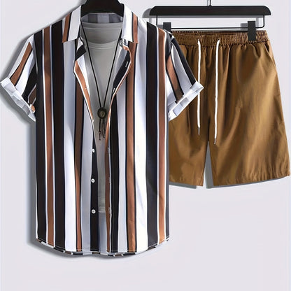 2pcs Men's Stripe Pattern Color Block Short Sleeve Button Shirt & Loose Shorts, Men's Casual Outfit For Summer Vacation
