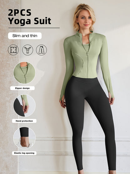 European Code Polyester Fabric Gym Running Clothes Long Sleeve Sports Jacket Cycling and Hiking Tightening Buttocks Pants Fitness Suit