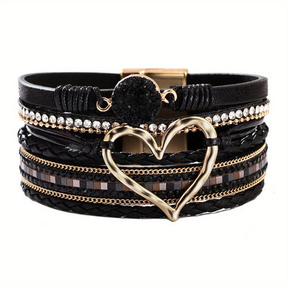 Bohemian Multi-layer Leather Bracelet Hand-woven Bracelet Golden Big Heart Ladies Fashion Bracelet