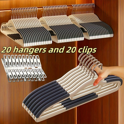 LDQ- 40pcs Set Non-slip Plastic Hangers + Stainless Steel Clips, Strong and Durable, 360° Heavy-Duty Rotating Hook Hanger, Four Seasons Home Clothes Drying and Storage and Organization, Suitable for Bedroom, Bathroom, Hom, R