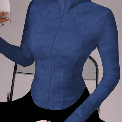 Zip-Up Stand Collar Sports Jacket, Half-Finger Long Sleeve Top with Camouflage Print, Suitable for Outdoor Fitness, Hiking, Golf, Tennis, Badminton, Bowling, Daily Walks and Shopping, Gym/Home Workout, Meditation, Versatile,