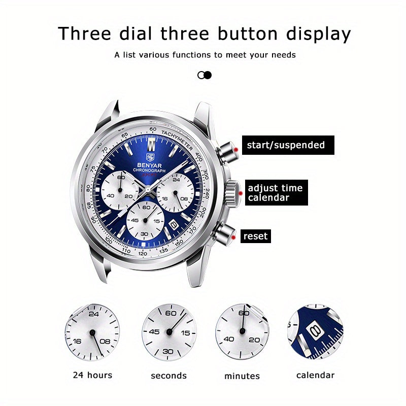 Relógio BENYAR para homem, marca de alta qualidade, desportivo, multifunções, cronógrafo, quartzo, preto, elegante, com calendário e bracelete em pele.