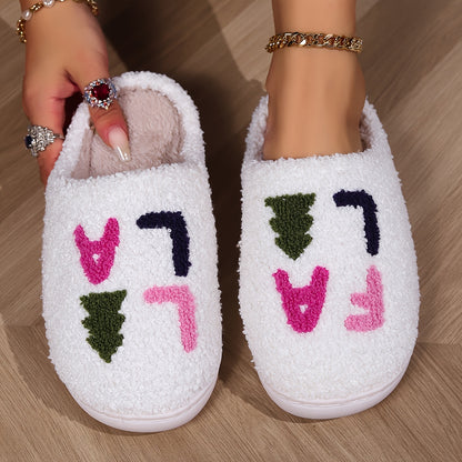Christmas Tree Pattern Fuzzy Slippers, Winter Warm Closed Toe Flat Floor Shoes, Cozy Soft Sole Plush Home Slippers