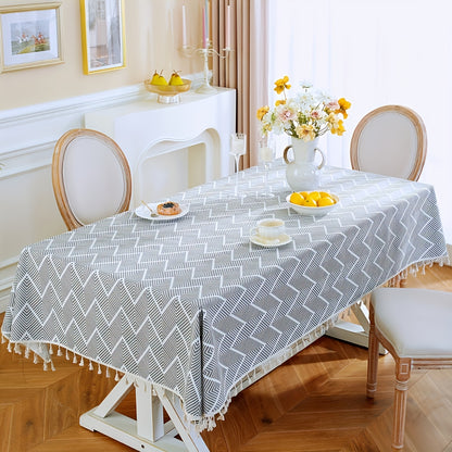 1pc, Bohemian Geometric Wave Pattern Tablecloth - European Style Cotton and Linen Rectangular Tablecloth for Farmhouse, Restaurant, Picnic, Camping, Birthday Party Decoration and Home Decor