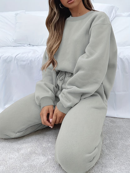 Solid Casual Two-piece Set, Crew Neck Long Sleeve Tops & Drawstring Jogger Pants Oufits, Women's Clothing