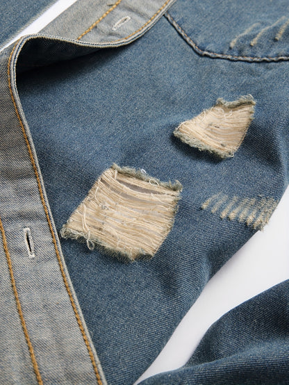 Men's Trendy Ripped Design Casual Button Up Long Sleeve Denim Shirt, Men's Clothes For Spring Summer Autumn, Tops For Men