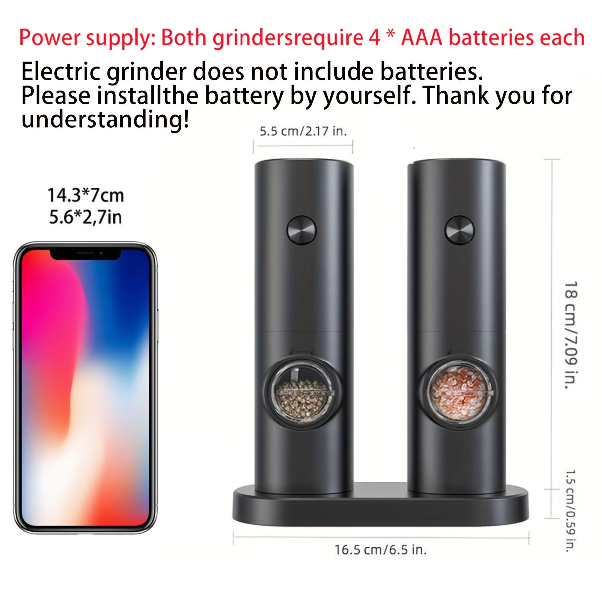 2pcs Electric Salt and Pepper Grinder Set with Adjustable Coarseness/Fineness, One-Touch Operation, (/Battery), Compact Base & Portable with ABS Housing & Black/White Design, Ideal Gift