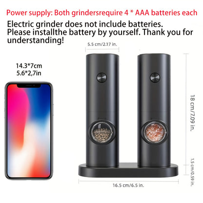 2pcs Electric Salt and Pepper Grinder Set with Adjustable Coarseness/Fineness, One-Touch Operation, (/Battery), Compact Base & Portable with ABS Housing & Black/White Design, Ideal Gift