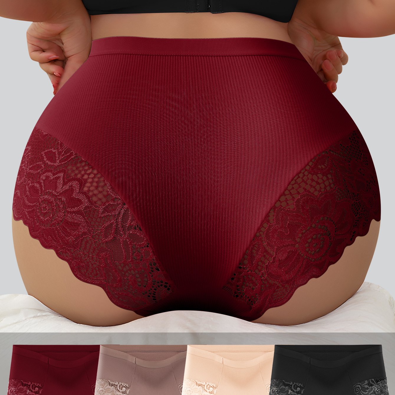 4pcs Women'S Plus Size High-Waisted Briefs - Tummy Control Butt Lifting Underwear with Seamless Wrap, Non-Slip Grip & Lifted Hipline - Stretchy Everyday & Special Occasion Panties - Burgundy/Beige/Black/ - QUASTI, Tummy Contr