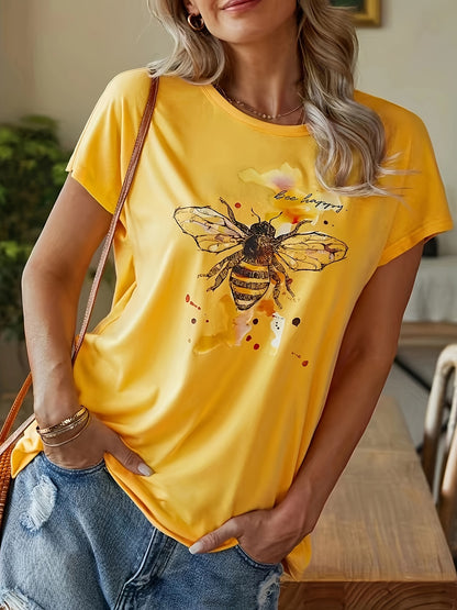 Bee Print Crew Neck T-Shirt, Casual Short Sleeve Top For Spring & Summer, Women's Clothing