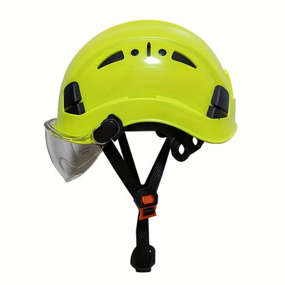 Capacete de segurança ajustável com viseira integrada - Plástico ABS durável, design ergonómico para utilização na construção civil e indústria, branco, equipamento de segurança para a construção, acabamento brilhante elegante, tiras de ajuste seguro.