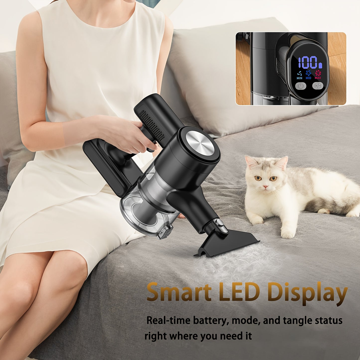 Cordless Vacuum Cleaner, 45KPA Self-Standing Vacuum Cleaner for Home, Stick Vacuum with 60 Mins Runtime, Wall Mount Charging, LED Display, Upgraded Green Light & Anti-Tangle Floor Brush for Pet Hair, Carpet & Hard Floors