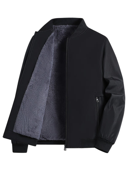 Men's Winter Insulated Full-Zip Jacket with Fleece Lining - Grey Casual Baseball Collar Coat, Zippered Pockets & Polyester Shell for Cold Weather, Outdoor & Everyday Use - Hand Washable (No Dry Clean)