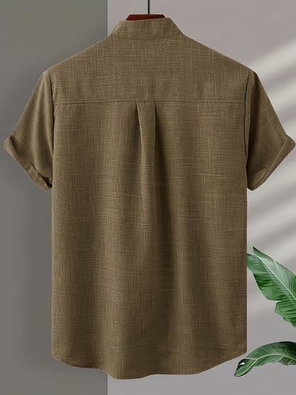 Solid Color Men's Short Sleeve Stand Collar Shirt, Men's Casual Button Up Shirt For Summer Outdoor