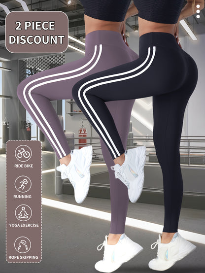 2pcs Women'S High-Waisted Yoga Pants - Breathable, Comfortable, and Tummy Control Workout Leggings with Side Stripes, Stretchy Fabric for Outdoor Fitness and Casual Wear, High Waisted Leggings