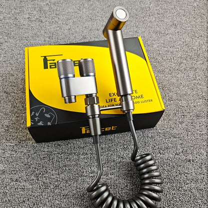 Double control angle valve with one inlet and two outlets, new booster spray gun includes a 2-meter telescopic hose, no-drill bracket. G1/2 interface, easy installation, convenient to use, comes with mounting accessories, no