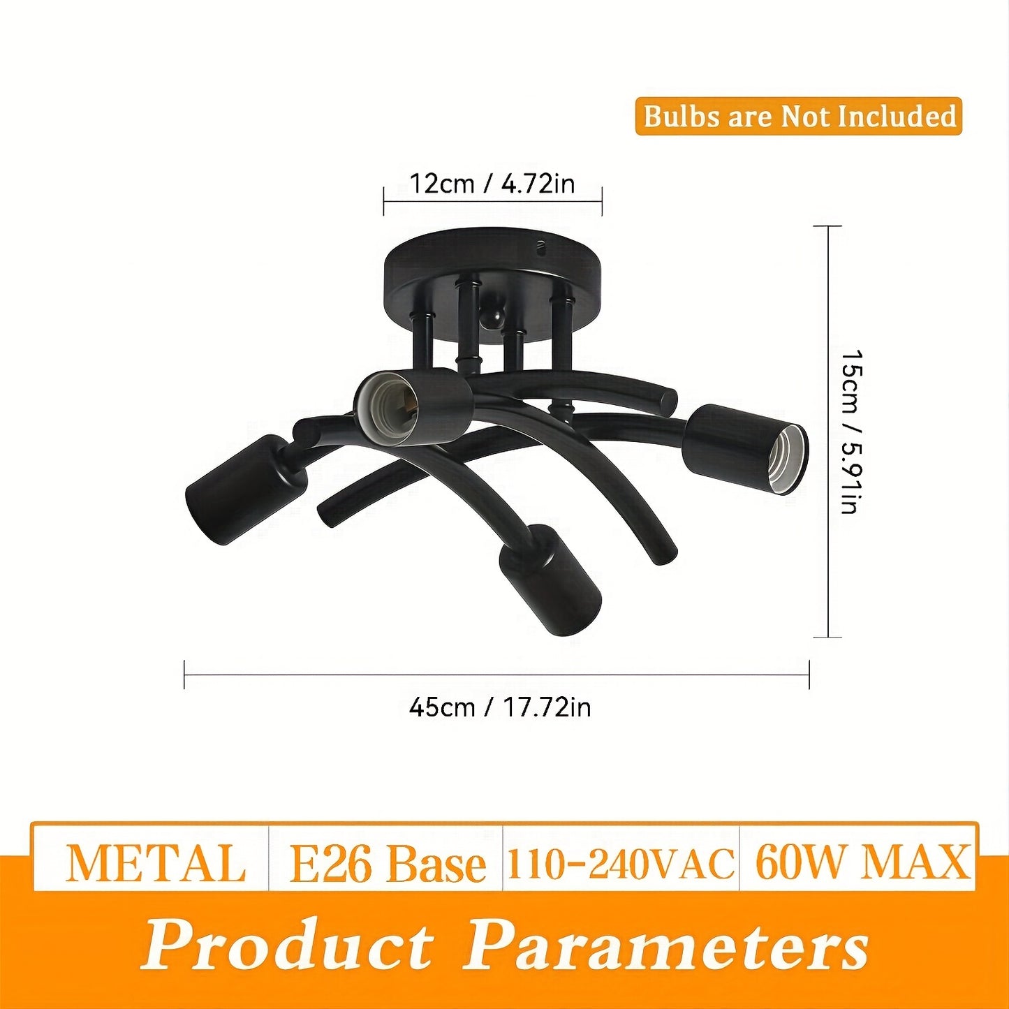 4-Light Industrial Semi Flush Mount Ceiling Light Fixture, Modern Sputnik Chandelier Light Fixtures, Industrial Kitchen Light Fixtures Ceiling Mount, Dining Room Light Fixture for Bedroom Hallway, E26 E27 Base(Bulbs Not Inclu