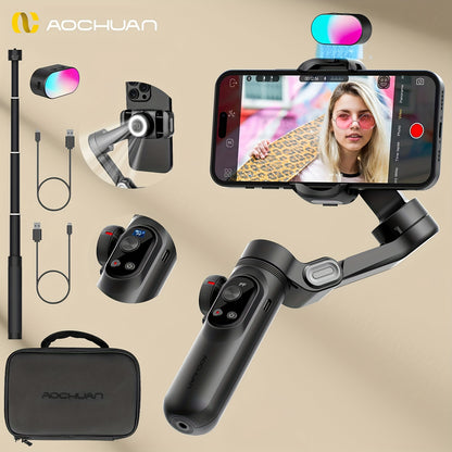 AOCHUAN SmartX Pro Combo 1 - Wireless Phone Gimbal Stabilizer with RGB Light, Extended Rod, and Carrying Case for YouTube & TikTok Video Creation (15 Pro Max Compatible), YouTube Video Stabilizer | Modern Gimbal Design | Comp