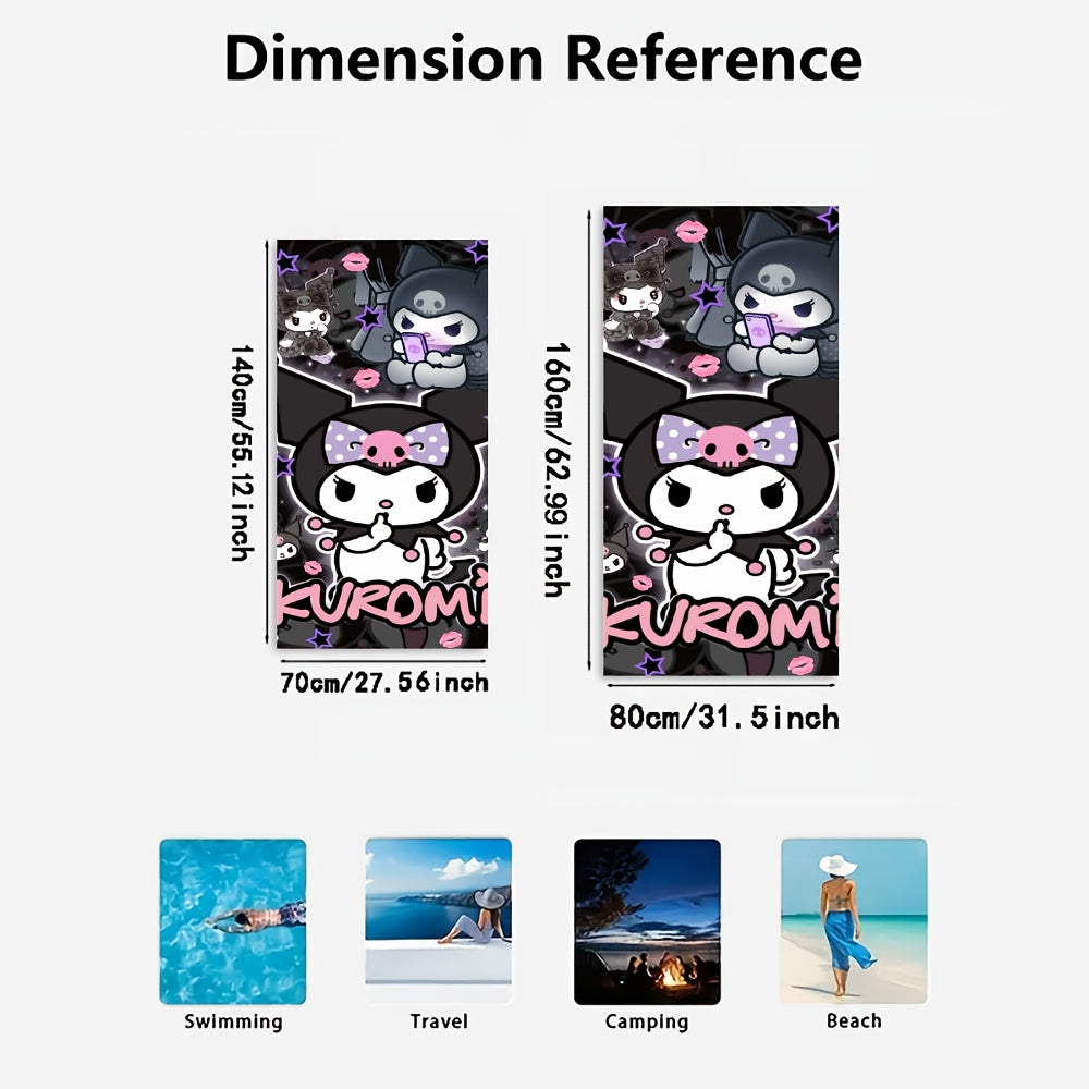 1pc Kuromi Microfiber Beach Towel - Quick-Dry, Absorbent, Oversized Bath Towel with Fun Cartoon Design, Black Background with Pink Accents, Perfect for Beach, Pool, or Spa Days