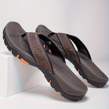 Men's Breathable Slip-On Sandals - Comfortable Non-Slip Beach Slippers with TPR Sole & EVA Cushion, Textured Traction Design, Durable PU Upper, Brown/Orange Accents - Extended Sizes Available, Summer Footwear | Stylish Comfor