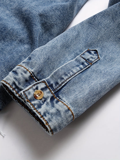 Men's Trendy Ripped Design Casual Button Up Long Sleeve Denim Shirt, Men's Clothes For Spring Summer Autumn, Tops For Men