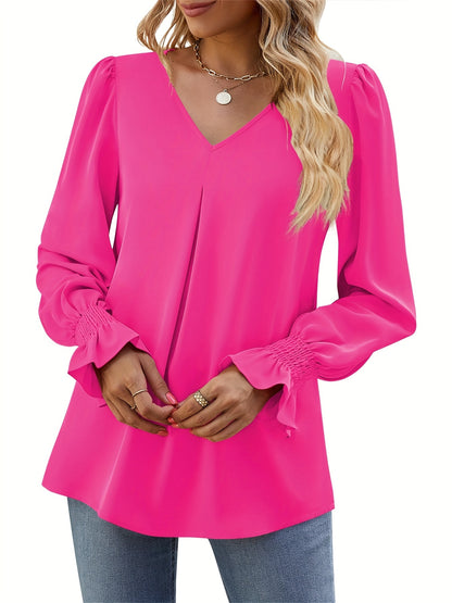 Solid V Neck Simple Blouse, Elegant Long Sleeve Ruched Blouse, Women's Clothing