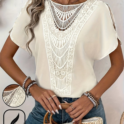 Contrast Lace Crew Neck Blouse, Elegant Solid Split Sleeve Blouse For Spring & Summer, Women's Clothing