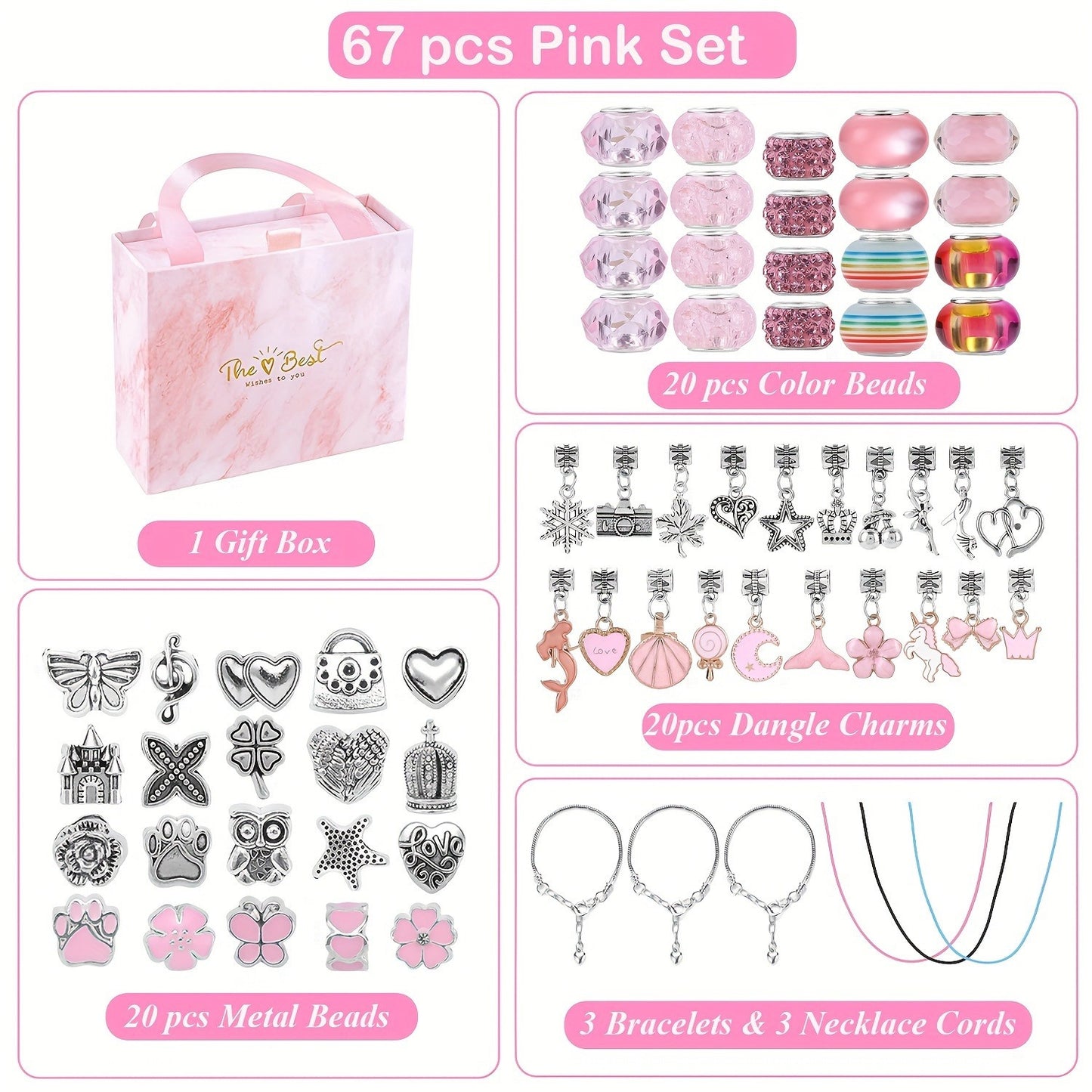 Kit de pulseiras DIY com 67 peças, incluindo 60 charms, 3 pulseiras e 3 colares. Ideal para presentes de aniversário, Natal, Ano Novo e Dia dos Namorados.