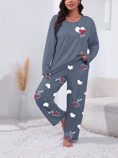 Autumn And Winter Large Size Black Crew Neck Cartoon Small Love Two-Color English Pattern Print Casual And Comfortable Sister Two-Piece Pajama Set