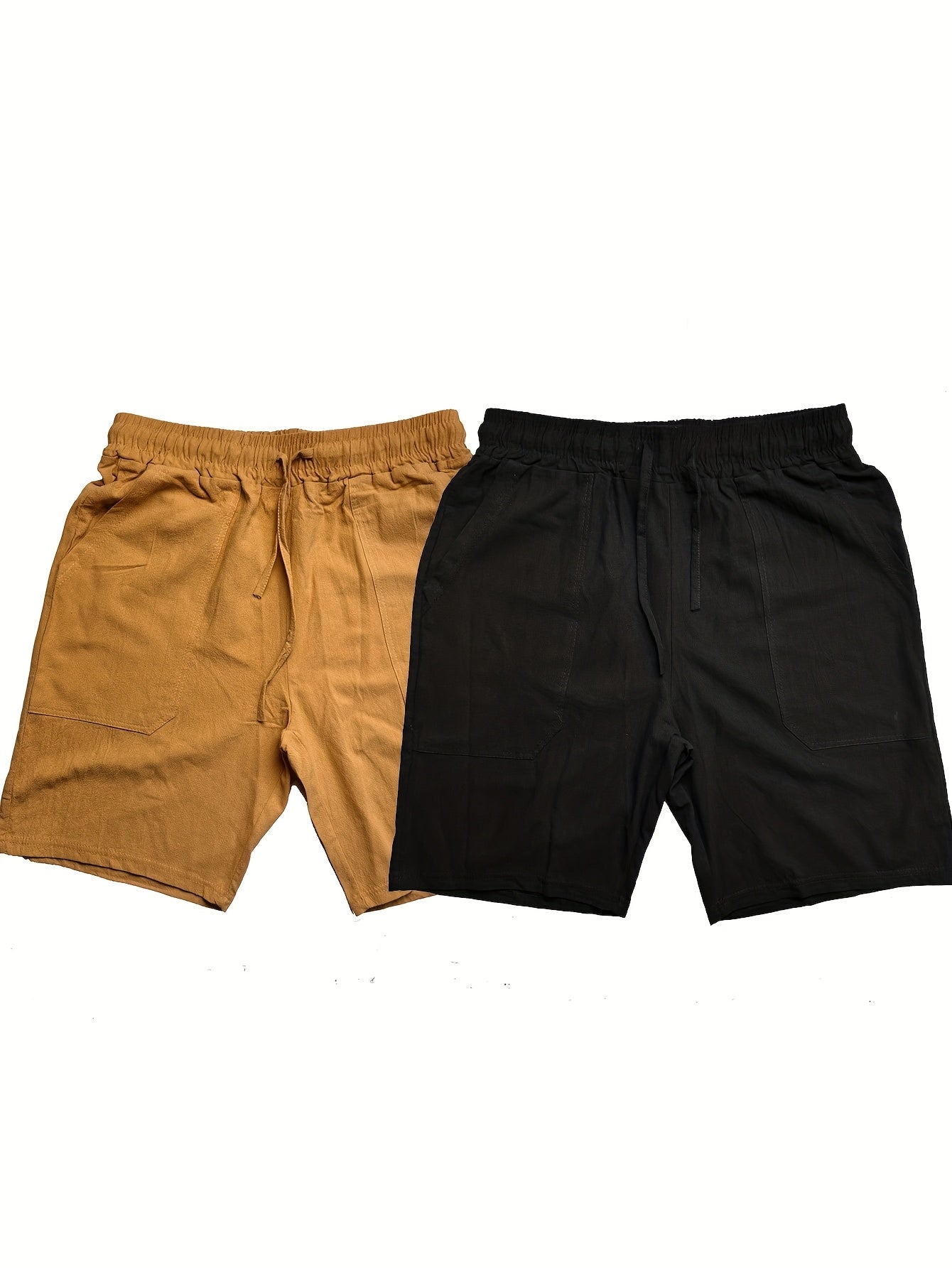 2pcs Men's Casual Shorts - Regular Fit with Pockets, Solid Color (Black & Beige), Breathable Fabric for Summer, Beach & Casual Attire, Warm Weather Clothing, Timeless Style, Lightweight Material, Summer Wardrobe