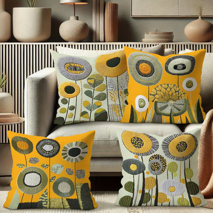 4 Floral Throw Pillow Covers - Modern French Country Decor Cushion Cases with Zipper Closure, Mustard Yellow, Olive Green, Grey - Soft Polyester Pillow Shams for Sofa, Bed, Living Room - Machine Washable Home Decor Accents (N