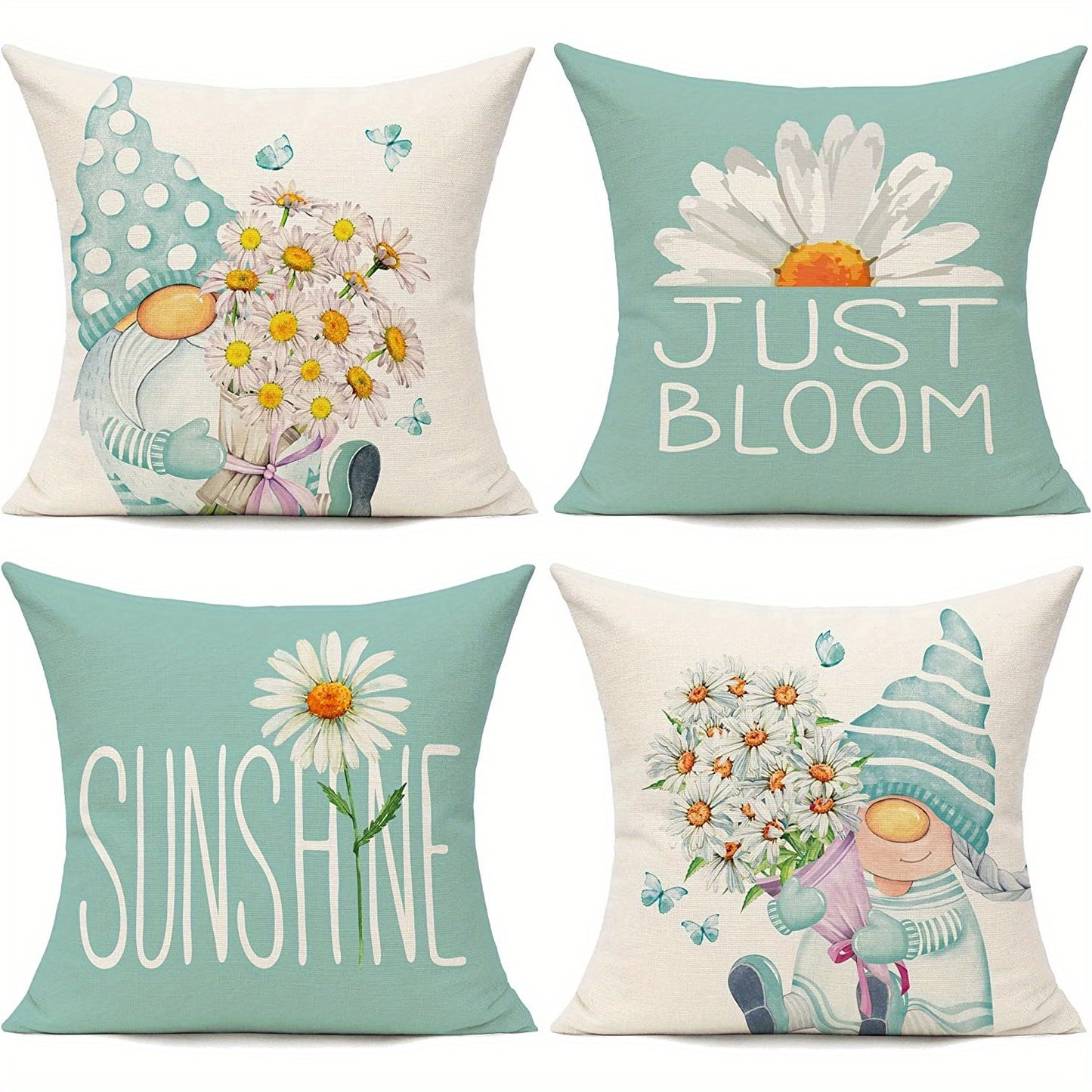 Conjunto de 4 capas de almofada com estampado de gnomos e margaridas, perfeitas para a primavera. Ideais para sofá, varanda, bancos e outros móveis. Não inclui enchimento. Dimensões: 45,72 x 45,72 cm.