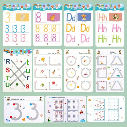 128-Page Reusable Magic Writing Practice Workbook Set - Full Brain Development & Writing Skills for, to Grade 1 Curriculum with Eraser & Answer Key-like Pages, Interactive Learning for Chinese/English Phonics, Math & ABCs (Gi