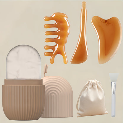 Kit de cuidados faciais luxuoso com 5 peças - Rolo de gelo e jade rejuvenescedor, ferramenta Gua Sha, escova de silicone macia para pele radiante, massagem para os olhos e relaxamento - Sem fragrância, sem bateria, fácil de usar e portátil