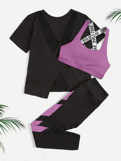 3pcs Women's Yoga Set in Black & Purple - High-Stretch, Sleeveless Sports Bra with Crisscross Straps, Short Sleeve Top & Leggings - Polyester & Elastane Blend, Machine Washable