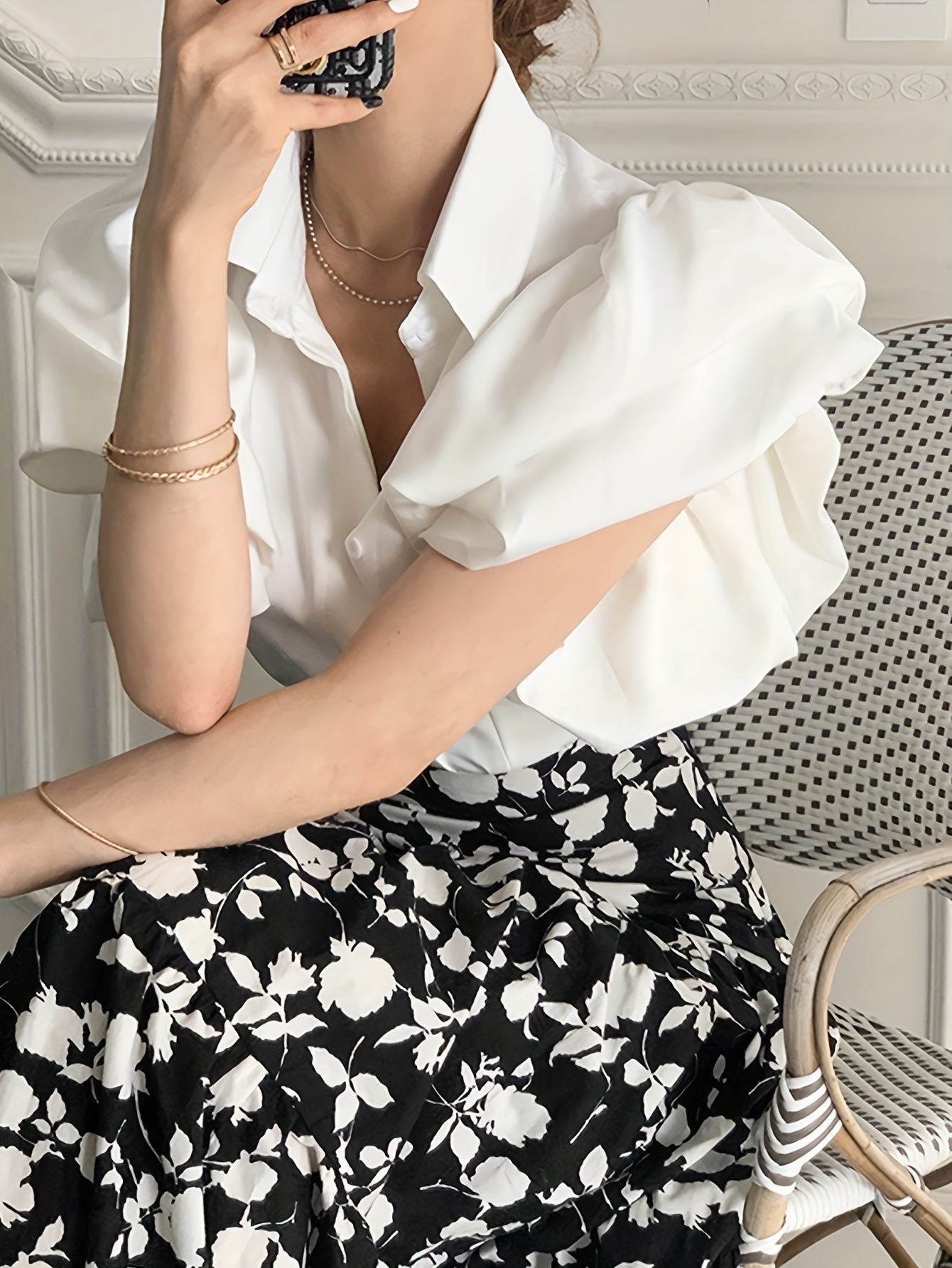 Solid Puff Sleeve Blouse, Elegant Lapel Collar Short Sleeve Blouse, Women's Clothing