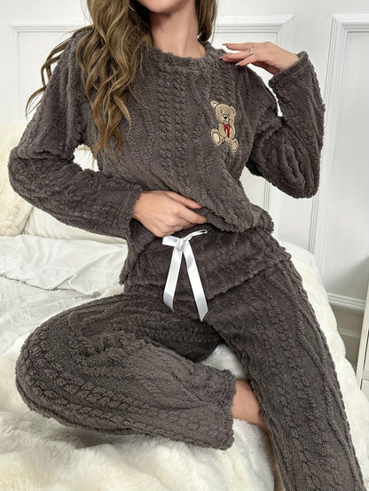 Pijama de menina em pelúcia para o outono e inverno - Conjunto com blusa de manga comprida em veludo coral grosso, gola redonda e calças. Estampado fofinho de ursinho bordado, ideal para o dia a dia. Roupa casual e confortável.