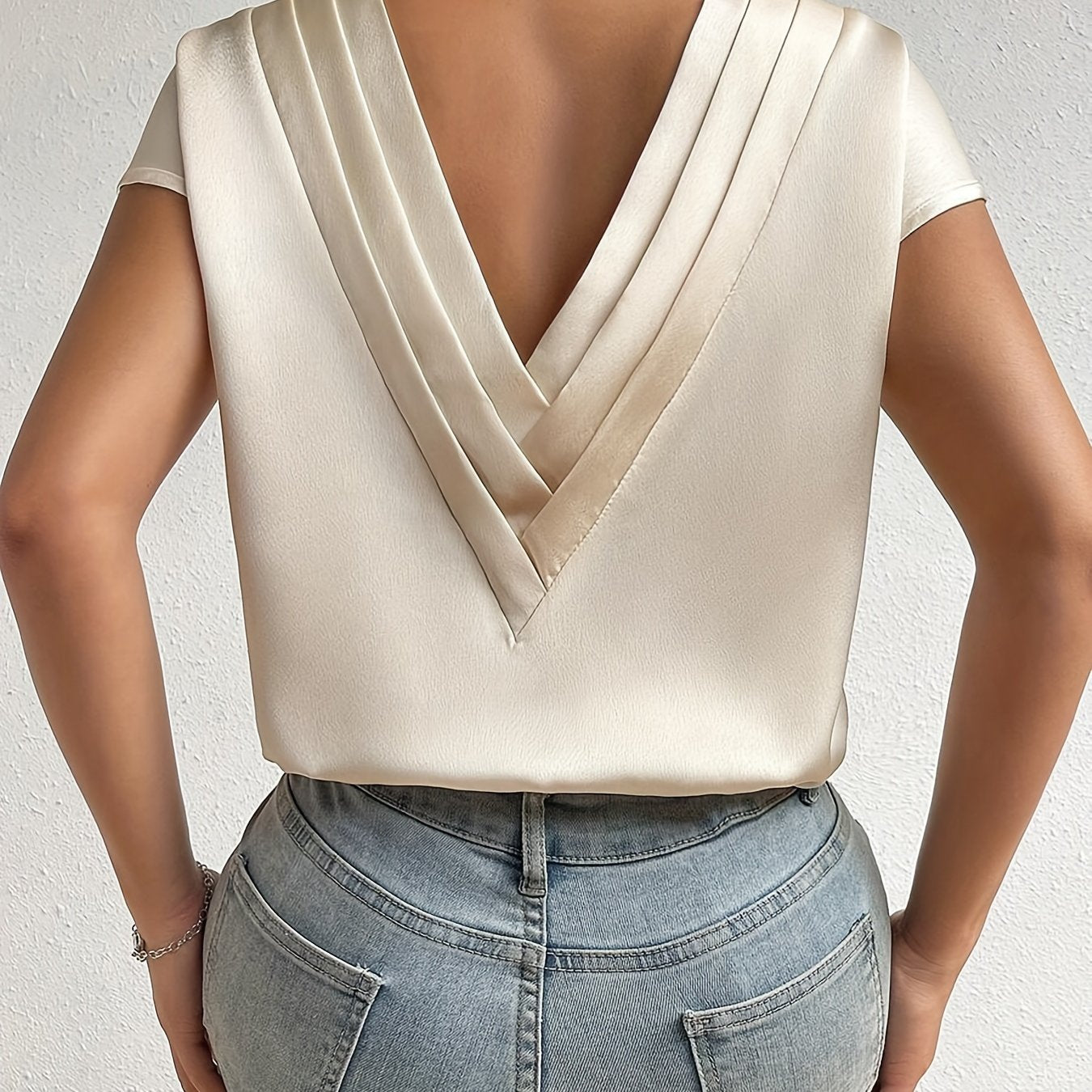 Solid Color V-neck Loose Blouse, Elegant Short Sleeve Blouse For Spring & Summer, Women's Clothing