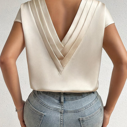 Solid Color V-neck Loose Blouse, Elegant Short Sleeve Blouse For Spring & Summer, Women's Clothing