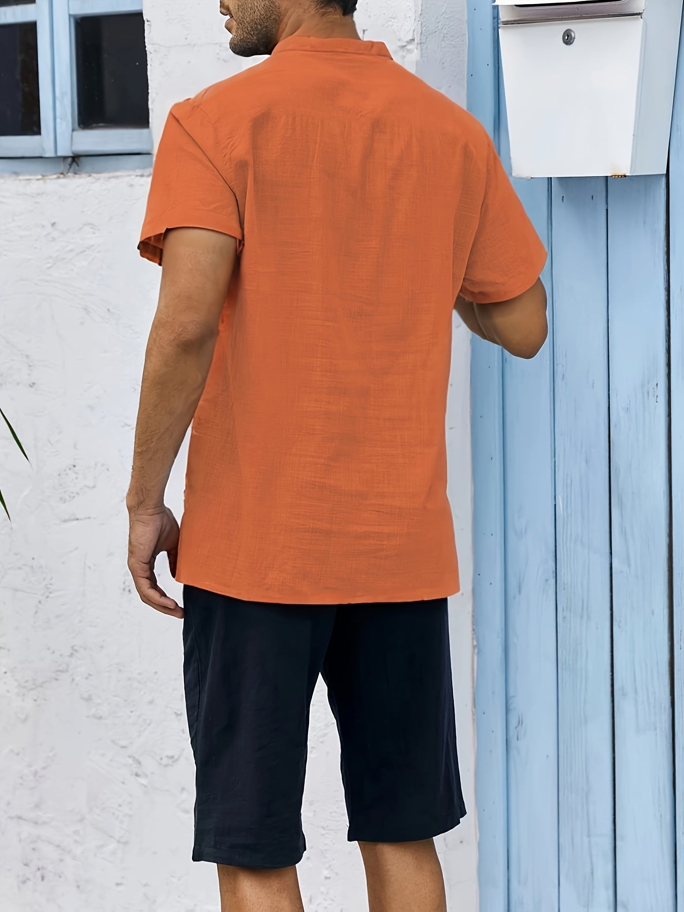 Men's Shirt Top, Solid Band Collar Short Sleeve Closure Summer Male Casual Henley Shirt For Daily Business Formal Shirts For Men